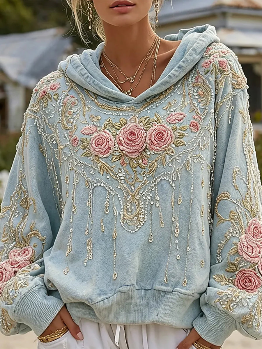 Kvinnors stil Boho rosa rosor Skriv ut mysig tröj