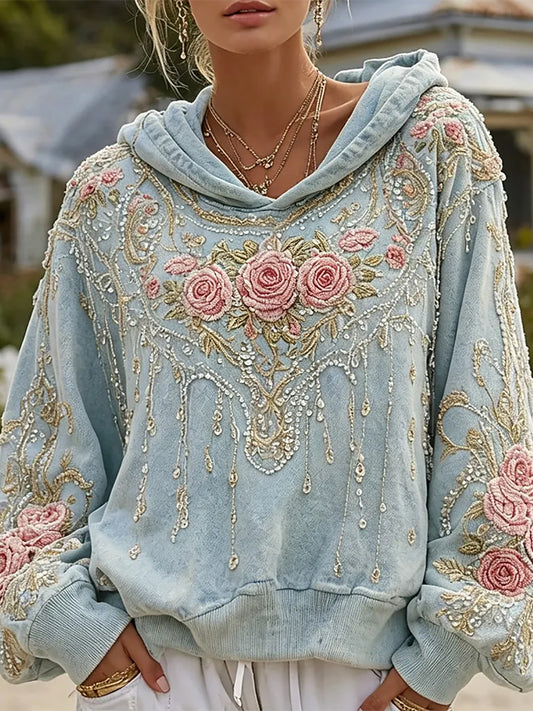 Kvinnors stil Boho rosa rosor Skriv ut mysig tröj
