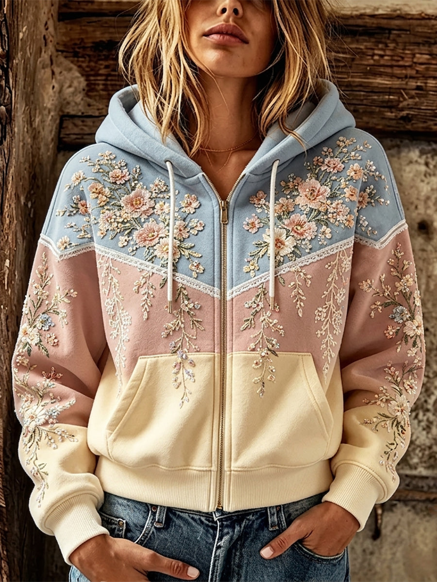 Kvinnors Boho blomster och spetsarktyg Skriv ut Zip-Up Mysig Hoodie.
