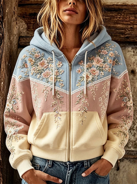 Kvinnors Boho blomster och spetsarktyg Skriv ut Zip-Up Mysig Hoodie.