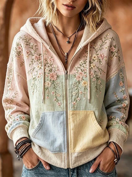 Kvinnors stilfull blomster & spets lappverk Skriv ut Zip-Up Mysig Hoodie Skriv ut Zip-Up