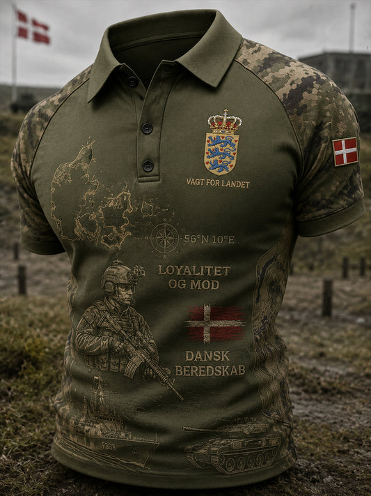 Herrpolotröja med korta ärmar och vintagemönster i militärstil