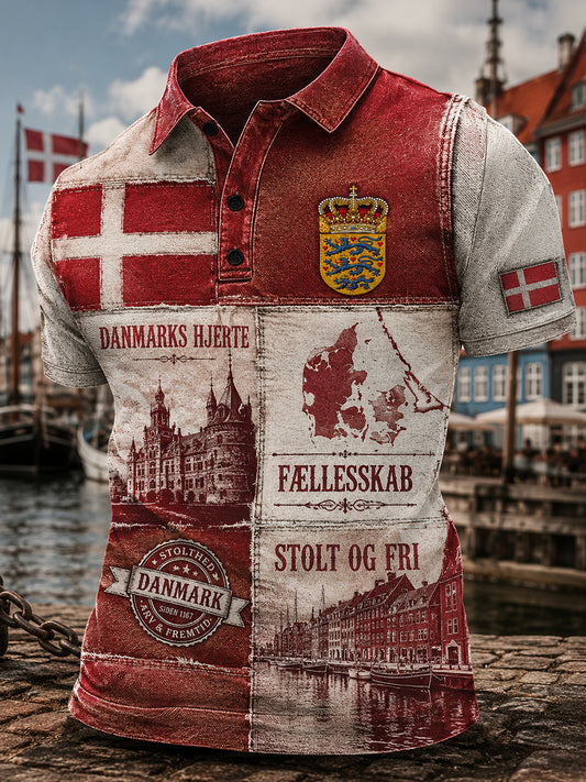 Herrpolotröja med korta ärmar och patriotisk minnesmärkeprint