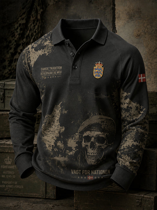 Herrpolotröja med långa ärmar och vintagemönster i militärstil