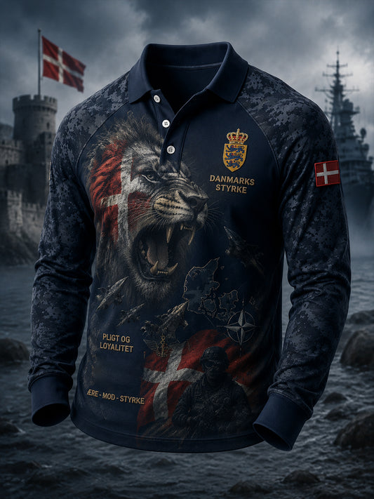 Herrpolotröja med långa ärmar och vintagemönster i militärstil