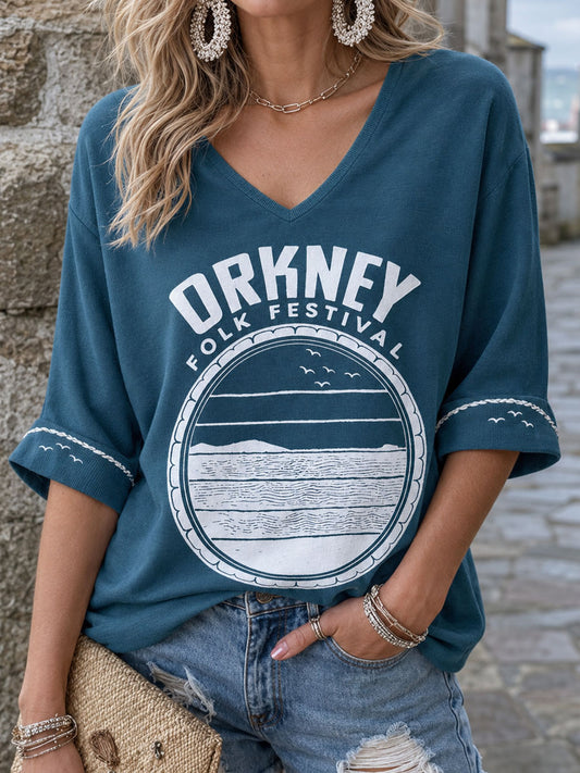 Kvinnor Skottland Orkney Island Konst Printed Lin T-shirt