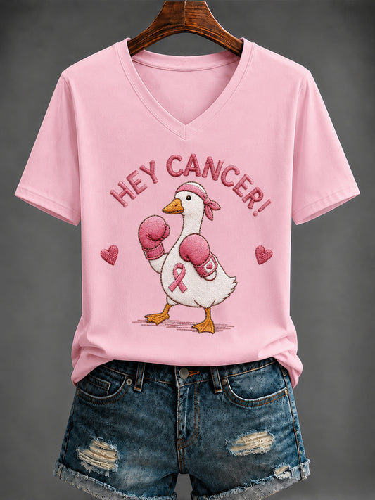 Kvinnlig bröstcancerrosa tryckt t-shirt med v-ringning