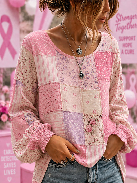 Kvinnors Bröstcancermedvetande Stöd Blommor Rosa Band Bomull-Linne Skjorta