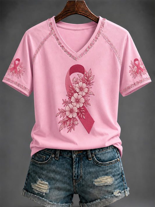 Kvinnor bröstcancer rosa tryckt V-hals T-shirt