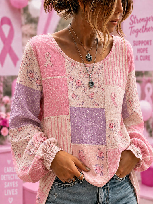 Kvinnors Bröstcancermedvetande Stöd Blommor Rosa Band Bomull-Linne Skjorta