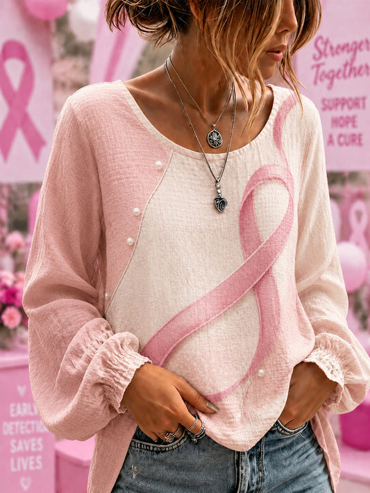 T-shirt i bomull-linne med band för stöd och medvetenhet om bröstcancer hos kvinnor