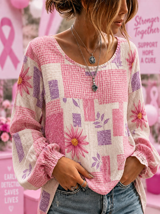 Kvinnors Bröstcancermedvetande Stöd Blommor Rosa Band Bomull-Linne Skjorta