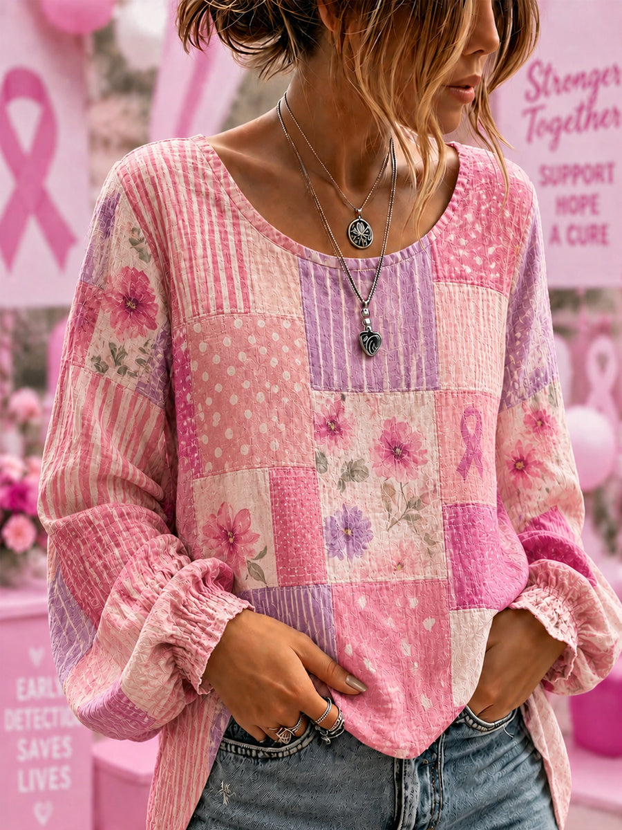 Kvinnors Bröstcancermedvetande Stöd Blommor Rosa Band Bomull-Linne Skjorta