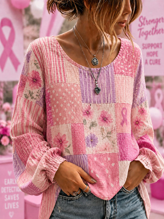 Kvinnors Bröstcancermedvetande Stöd Blommor Rosa Band Bomull-Linne Skjorta