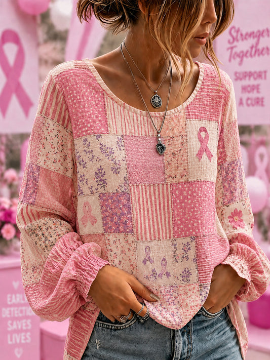 Kvinnors Bröstcancermedvetande Stöd Blommor Rosa Band Bomull-Linne Skjorta