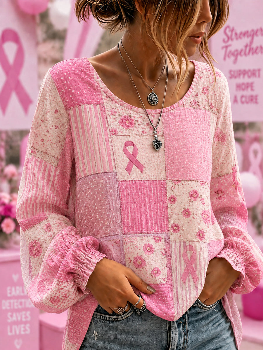 Kvinnors Bröstcancermedvetande Stöd Blommor Rosa Band Bomull-Linne Skjorta