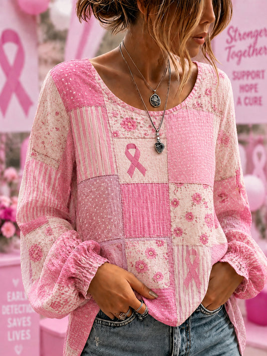 Kvinnors Bröstcancermedvetande Stöd Blommor Rosa Band Bomull-Linne Skjorta