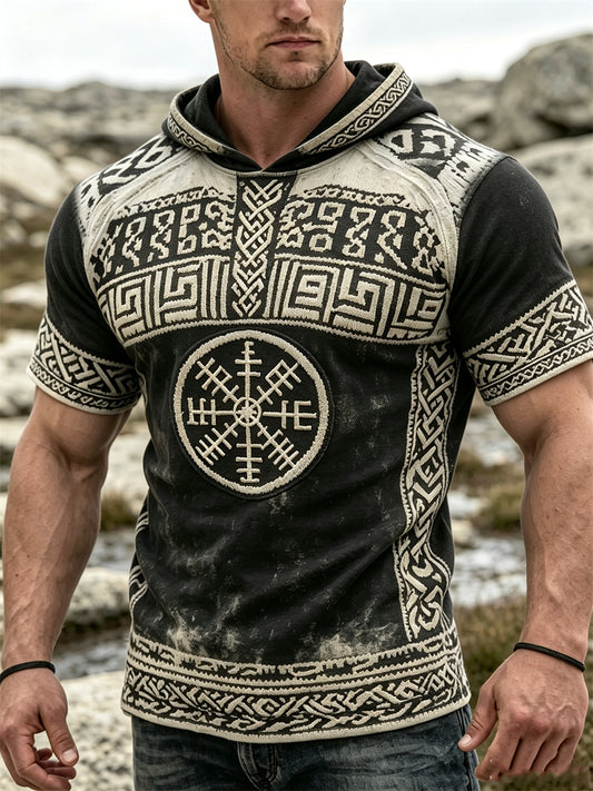 Mäns Viking Vegvisir Celtic Knop Färgblock Skriv ut kort ärm Hoodie