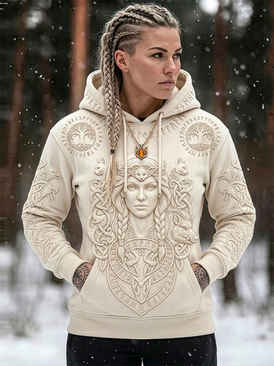 Kvinnors Vintage Viking Inspirerad konst Print Mysig Hooded Sweatshirt med Pocketss