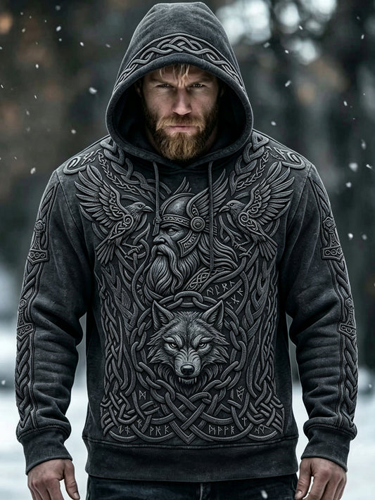 Manslig åldrad, vikingainspirerad konsttryckskomfort-hoodie
