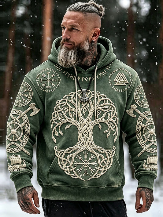 Manslig vintagevikinginspirerad konsttryck bekväm hoodie med fickor