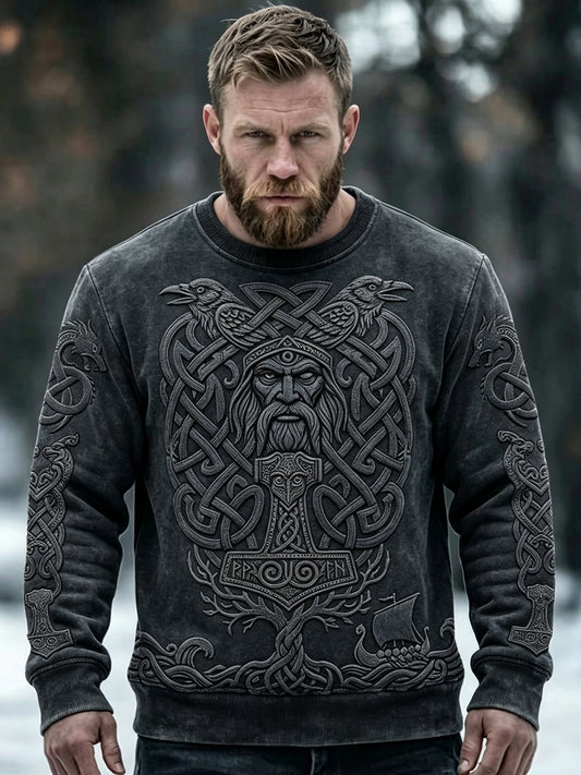 Herrtröja i vintagevikingastil med konsttryck, bekväm huvtröja med rund halsringning