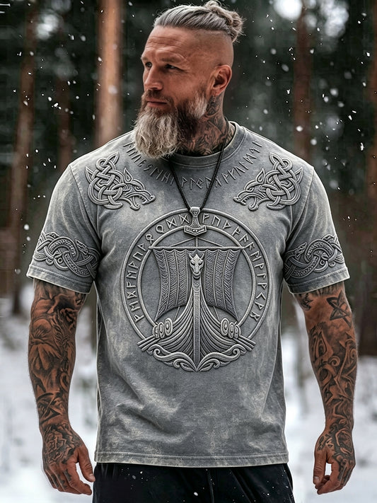 Mäns Vintage Viking skepp konst runor Skriv ut Casual Short Slemmar T-shirt