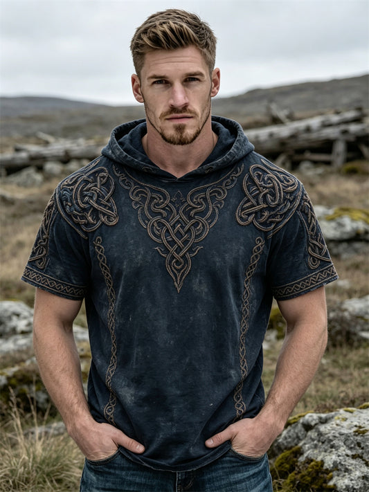 Mansvintage-vikingtröja med korta ärmarna och mönster av keltiskt knutmotiv