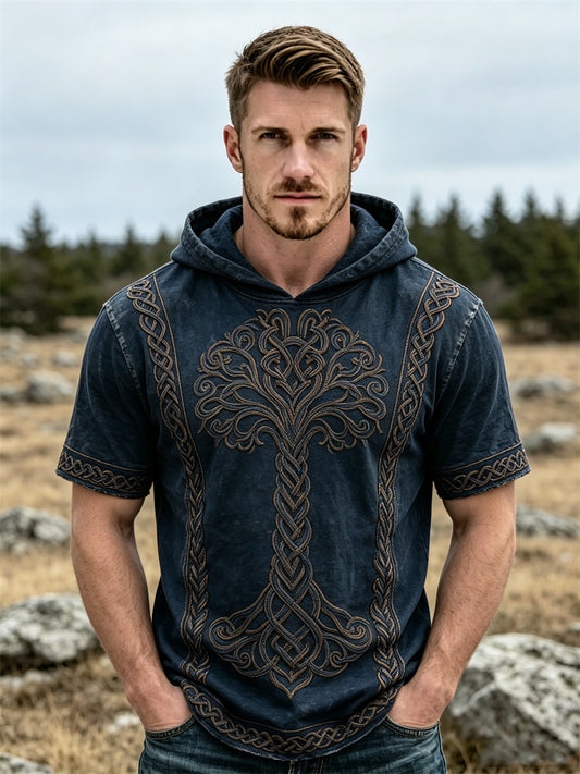 Herrtröja med kort ärm och kapuschong, med vikingatema, livets träd och keltiskt knutmönster