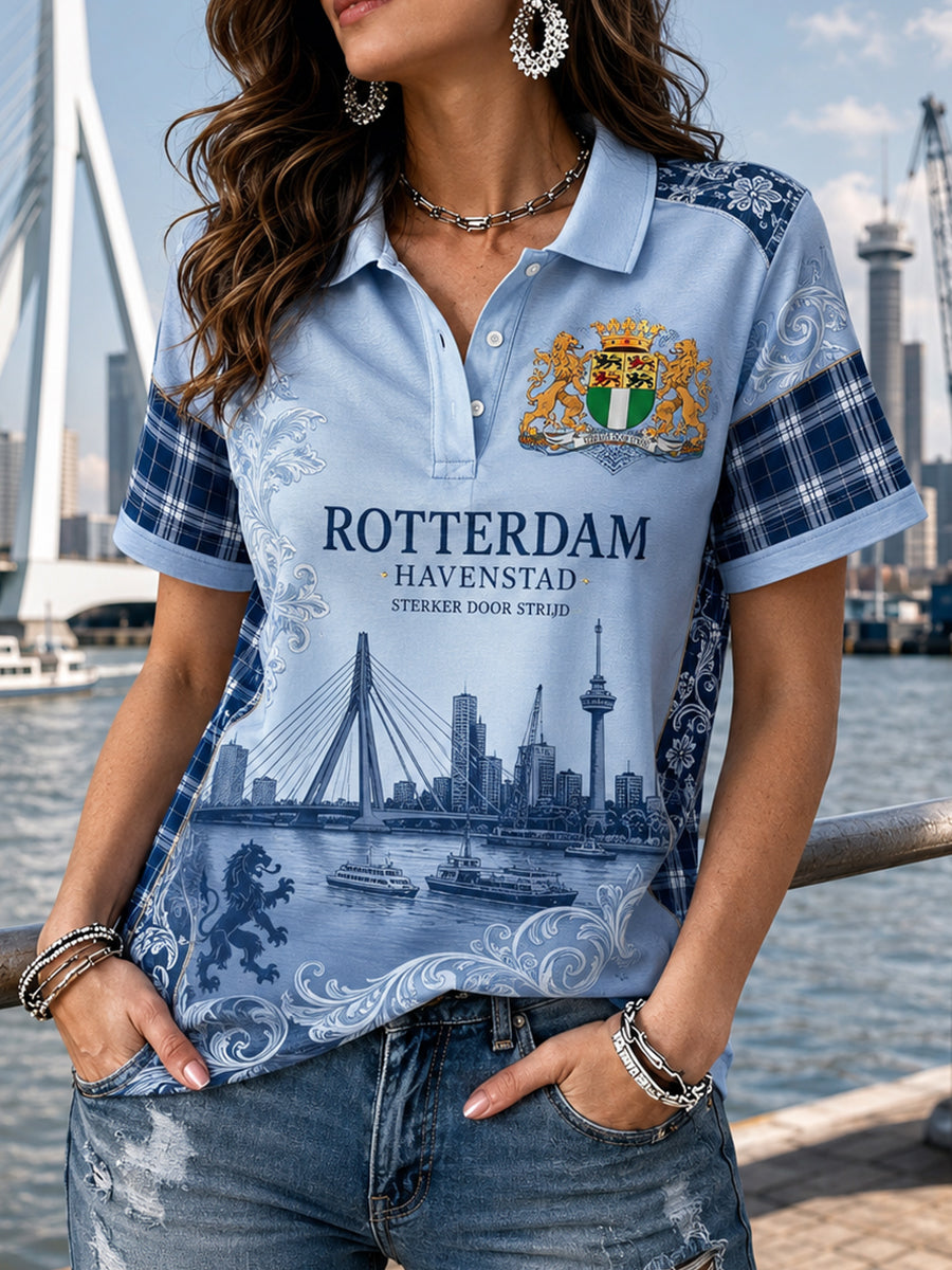 Kvinnors kortärm Polo tröja med Vintage City Souvenir-Style Print