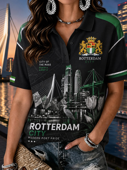 Kvinnors kortärm Polo tröja med City Souvenir Graphic Print