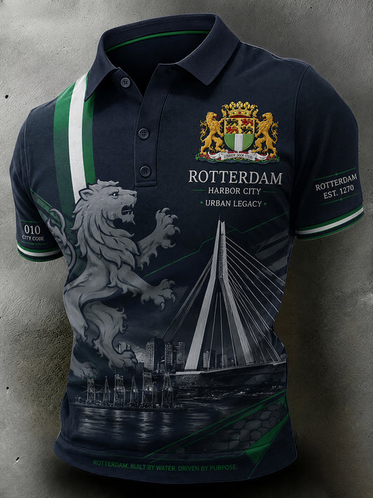 Herrpolotröja med korta ärmar och grafiskt jubileumsdesign i urbant tema