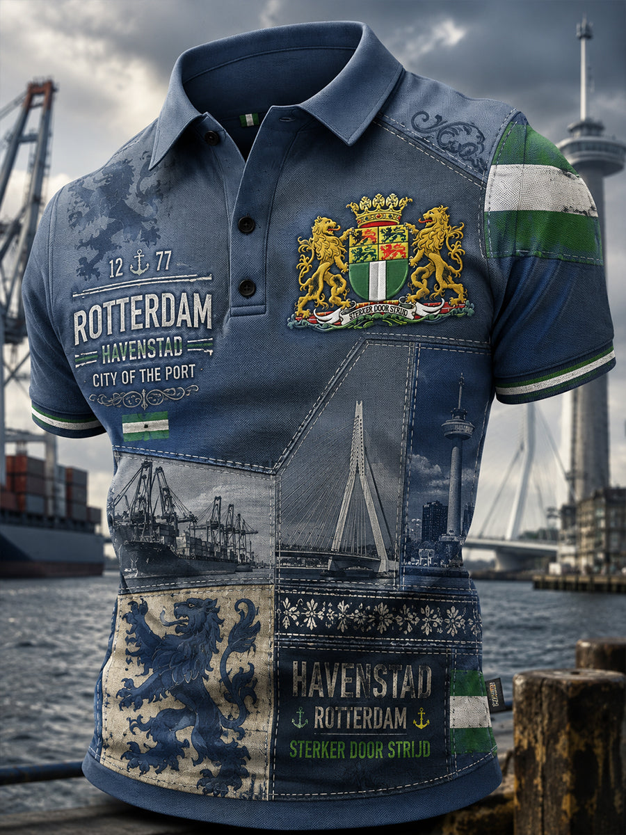 Herrpolotröja med korta ärmar och vintageprint i stil av stadssouvenirer