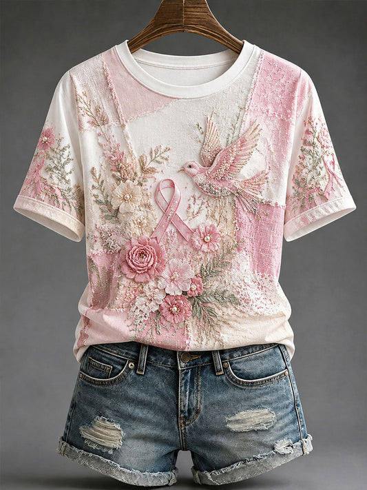 Kvinnlig t-shirt med blommönster för bröstcancerförebyggande och medvetenhet – avslappnad stil
