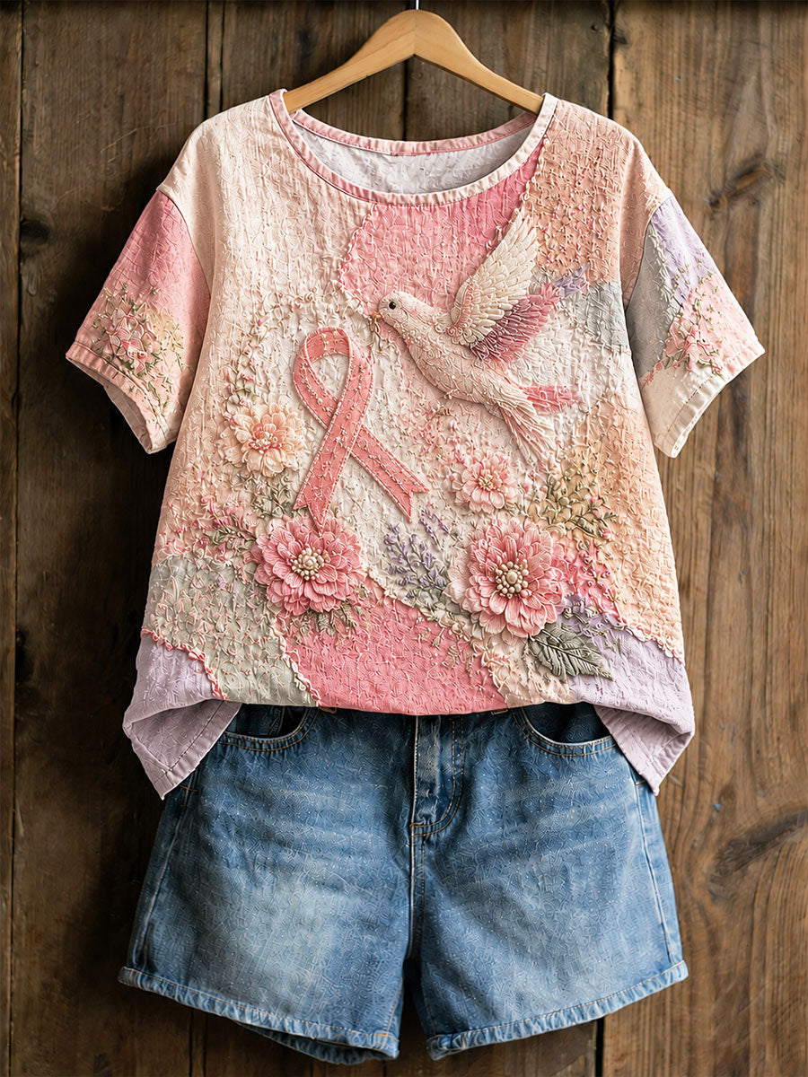 Kvinnlig t-shirt med blommönster för bröstcancerförebyggande och medvetenhet – avslappnad stil