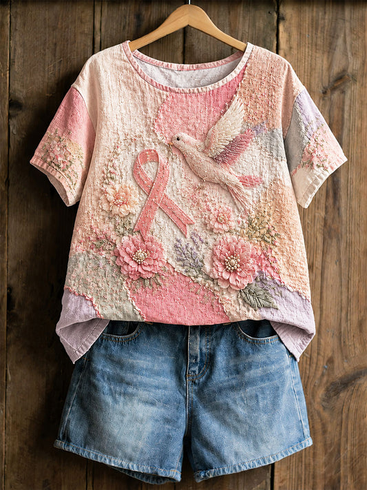 Kvinnlig t-shirt med blommönster för bröstcancerförebyggande och medvetenhet – avslappnad stil
