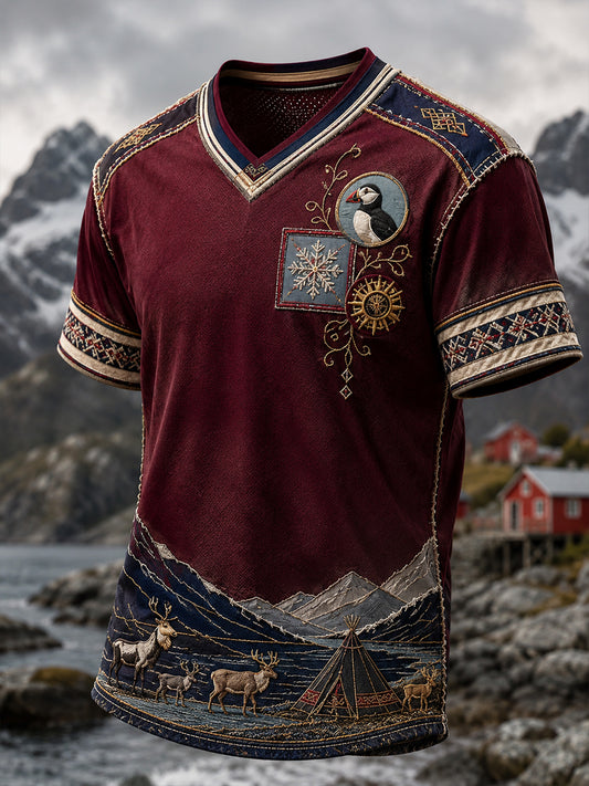 Kulturellt norsksamiskt konsttryck för män – T-shirt med V-ringning