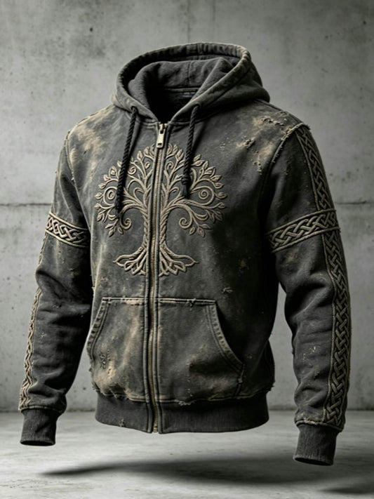 Herrligan retro vikingavalknut livets träd färgblockdesign konst dragkedja-huudie