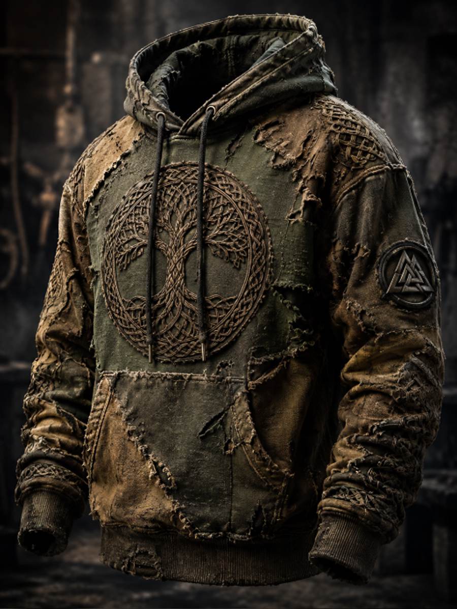 Mäns Retro Viking Valknut träd Liv överstora drop-Shulder Hoodie.