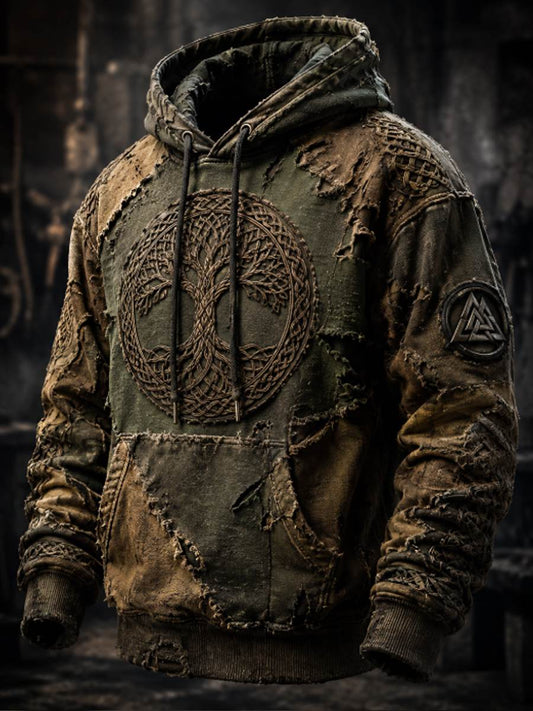 Mäns Retro Viking Valknut träd Liv överstora drop-Shulder Hoodie.