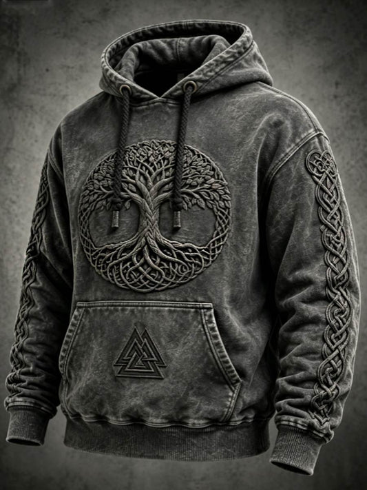 Herrtröja i retrovikingastil med valknutmotiv och livsträd, överdimensionerad huvtröja med fallande axlar