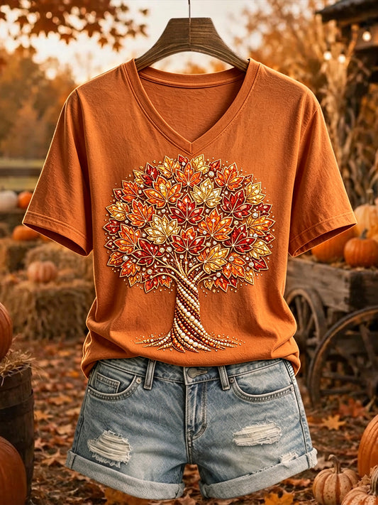Damens Rhinestone Fall Tree Skriv ut Mysig kortärmad T-shirt
