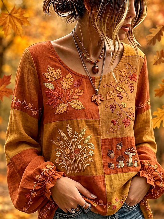 Kvinnors stuga Fall Patchwork Skriv ut Bomull-Linen skjorta