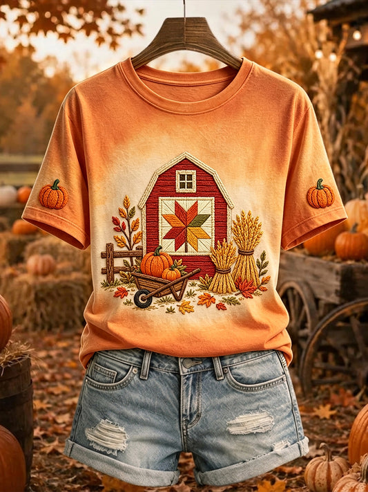 Damens pumpa Skörde gård Fall Print Mysig kortärmad T-shirt