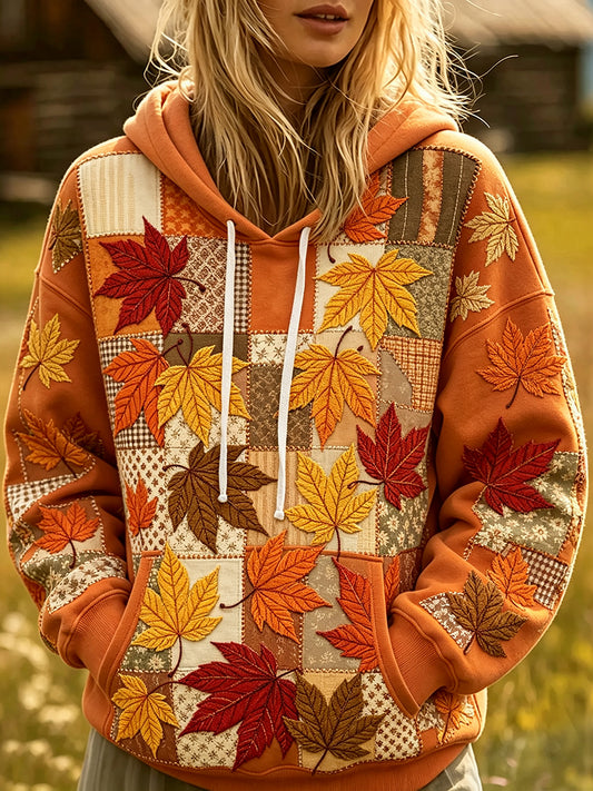 Kvinnors fall lönnblad patchwork Skriv ut mysig Hoodie.