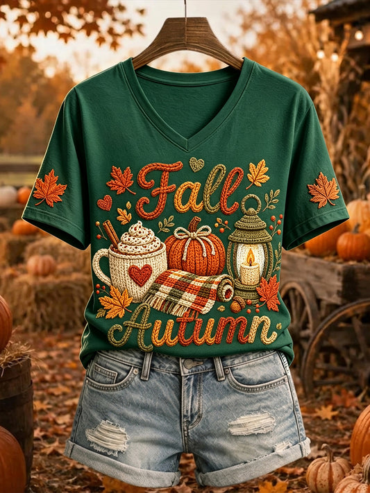 Damens pumpa Kaffe Lanter Fall Print Mysig kortärmad T-shirt