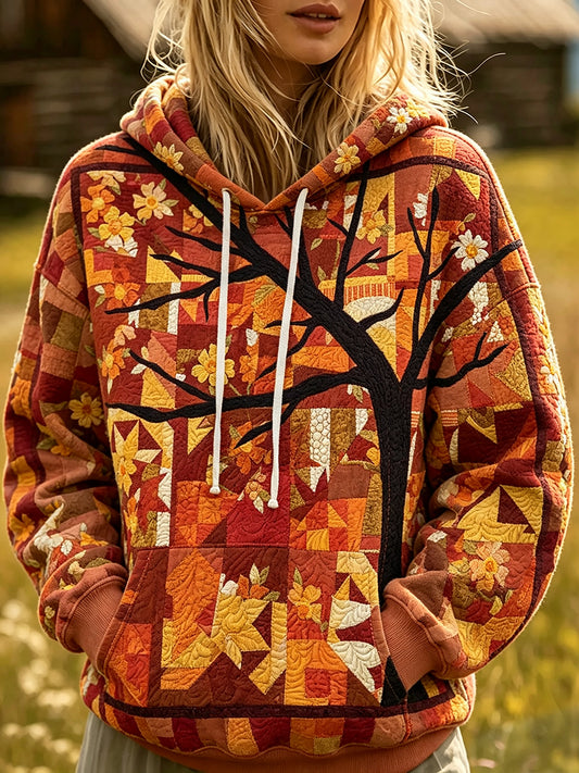 Kvinnlig höstlig mysig hoodie med lövflikar och lövmönster