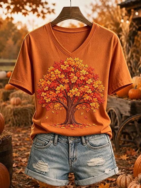 Damens fall Tree Print Mysig kortärmad T-shirt