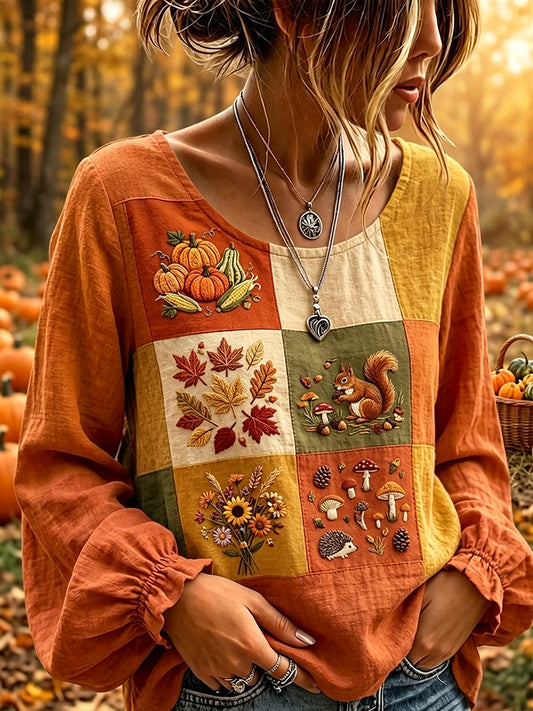 Kvinnors Vintage Fall Patchwork Print bomull-Linen skjorta