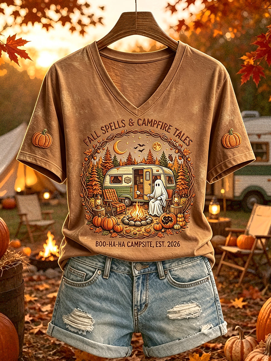 Kvinnlig rolig Halloween-t-shirt med korta ärmar och tryck av campingspöke